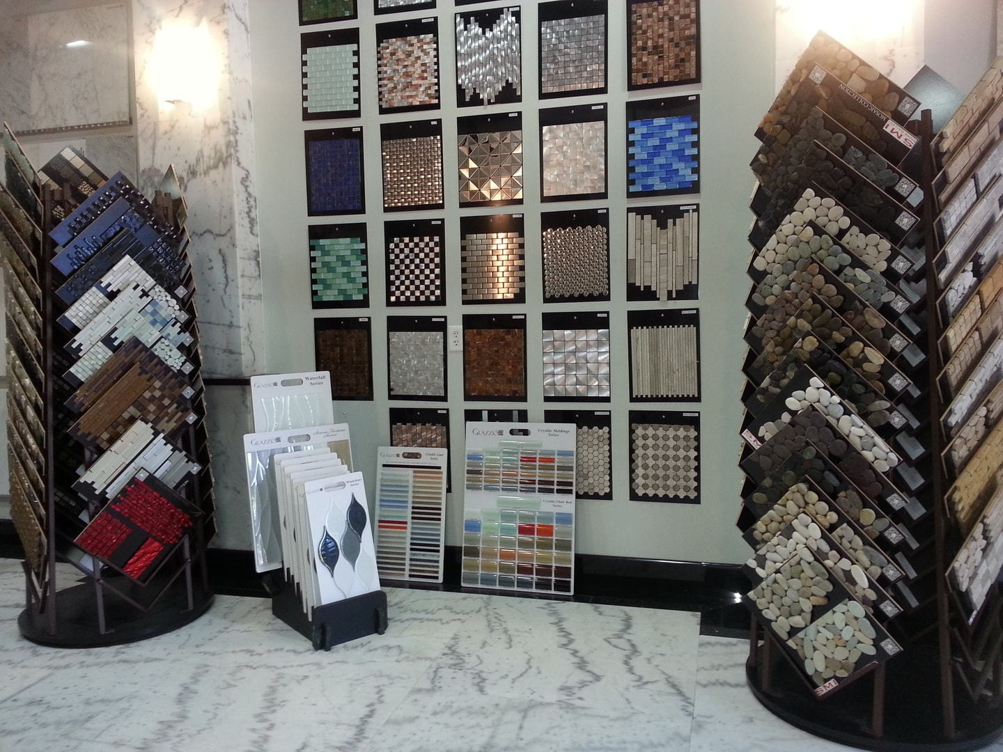 Glass mosaic tile samples in showroom display