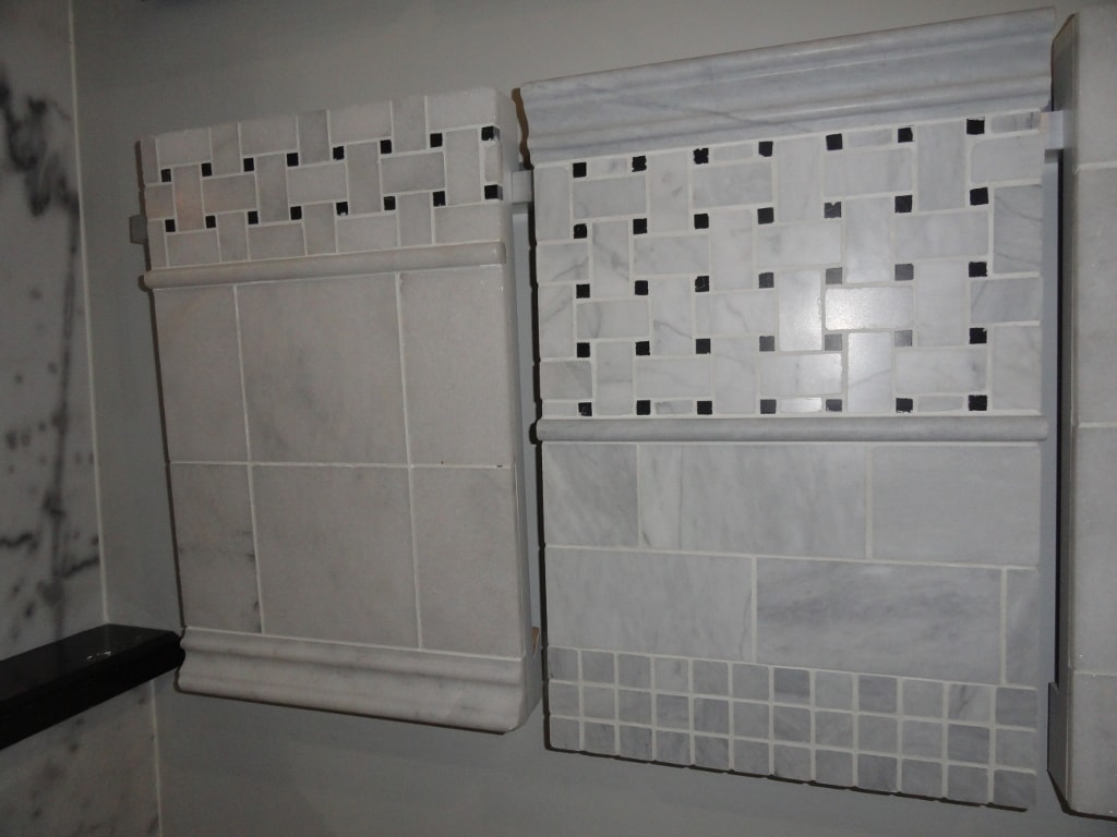 White marble basketweave tile sample boards