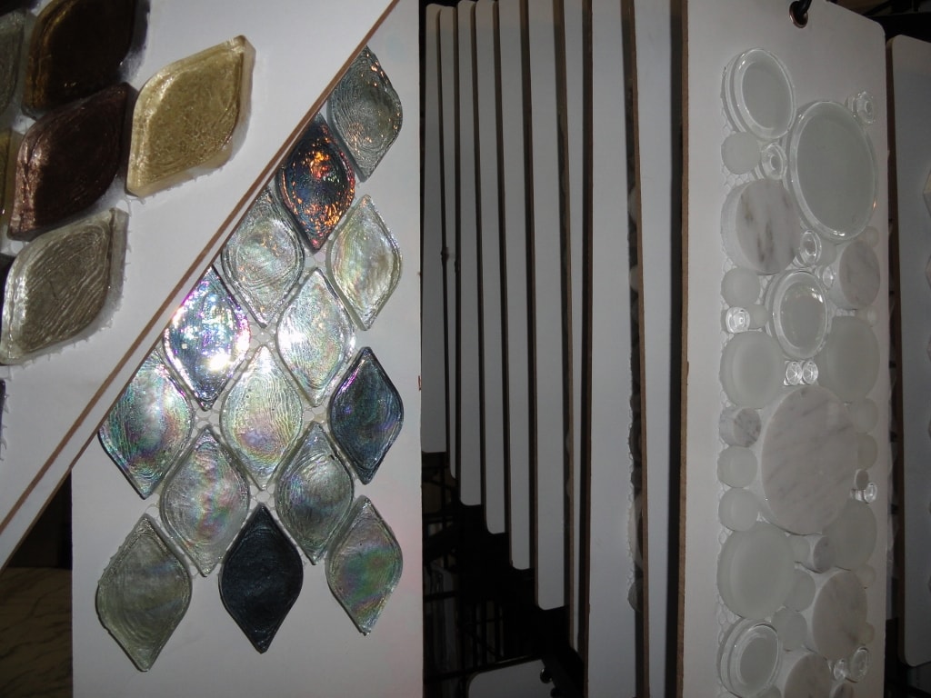 Iridescent diamond glass tiles and white bubble tile display