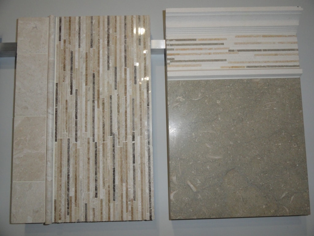Linear stone mosaic and natural stone tile sample boards