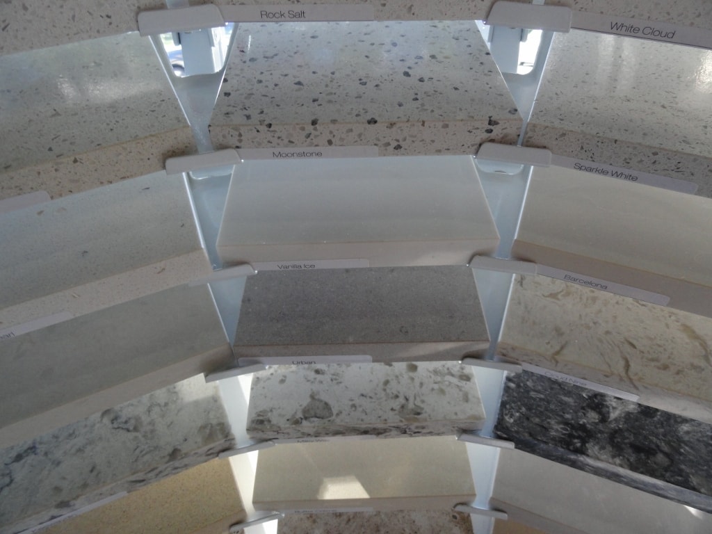 Quartz countertop color samples including Rock Salt, Moonstone, Vanilla Ice and Urban