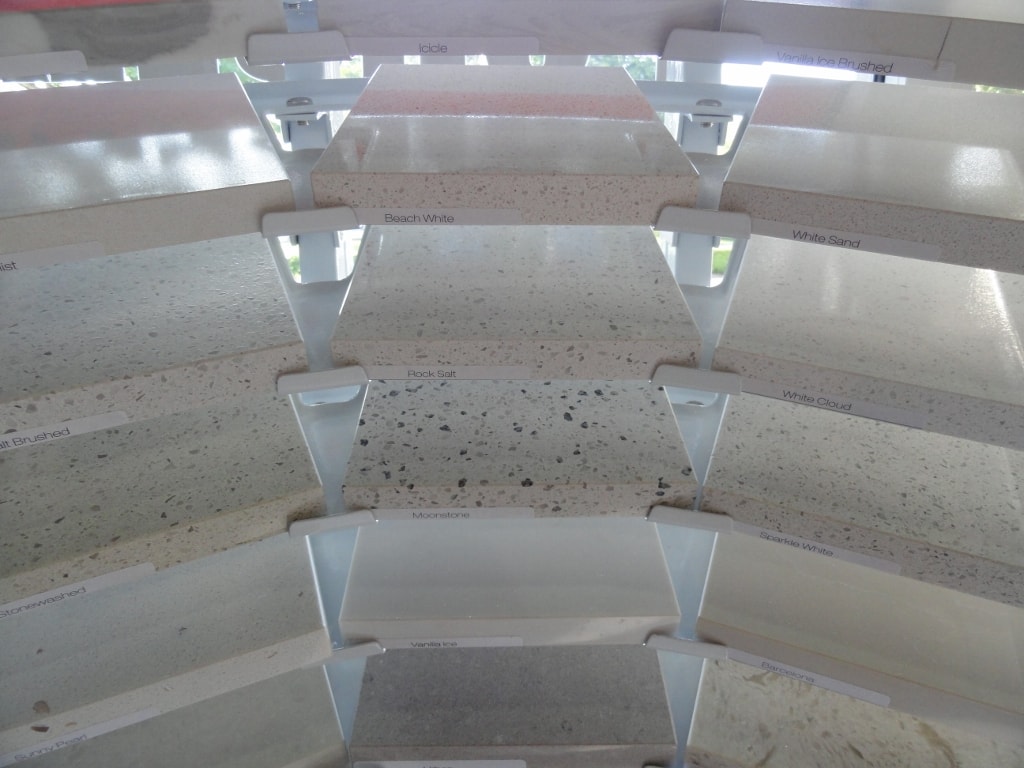 Quartz countertop color samples including Icicle, Beach White, Rock Salt and Vanilla Ice